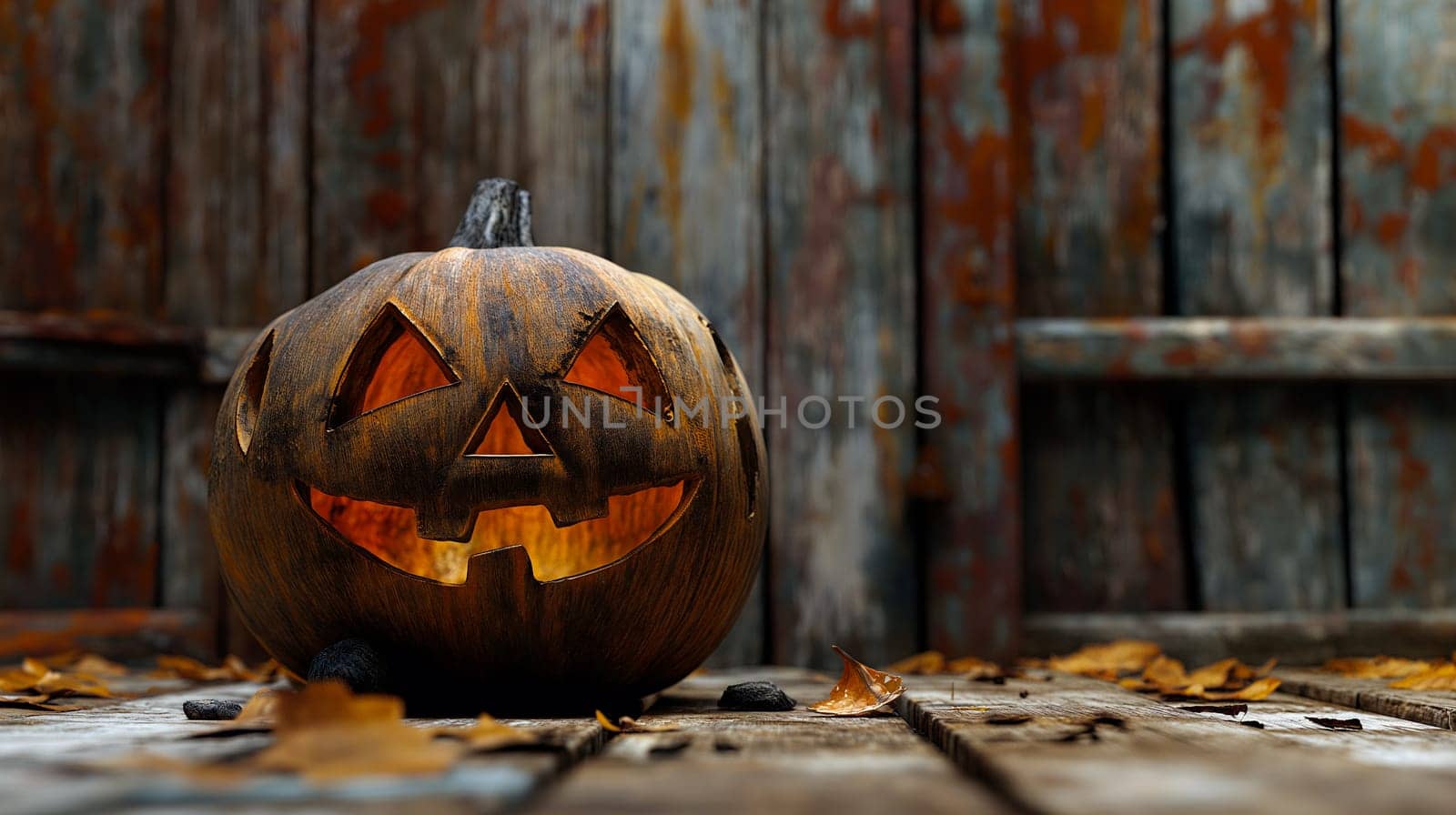 A carved jack-o'-lantern emits a warm glow, resting on a weathered wooden table scattered with dried autumn leaves, evoking the spirit of Halloween - Generative AI