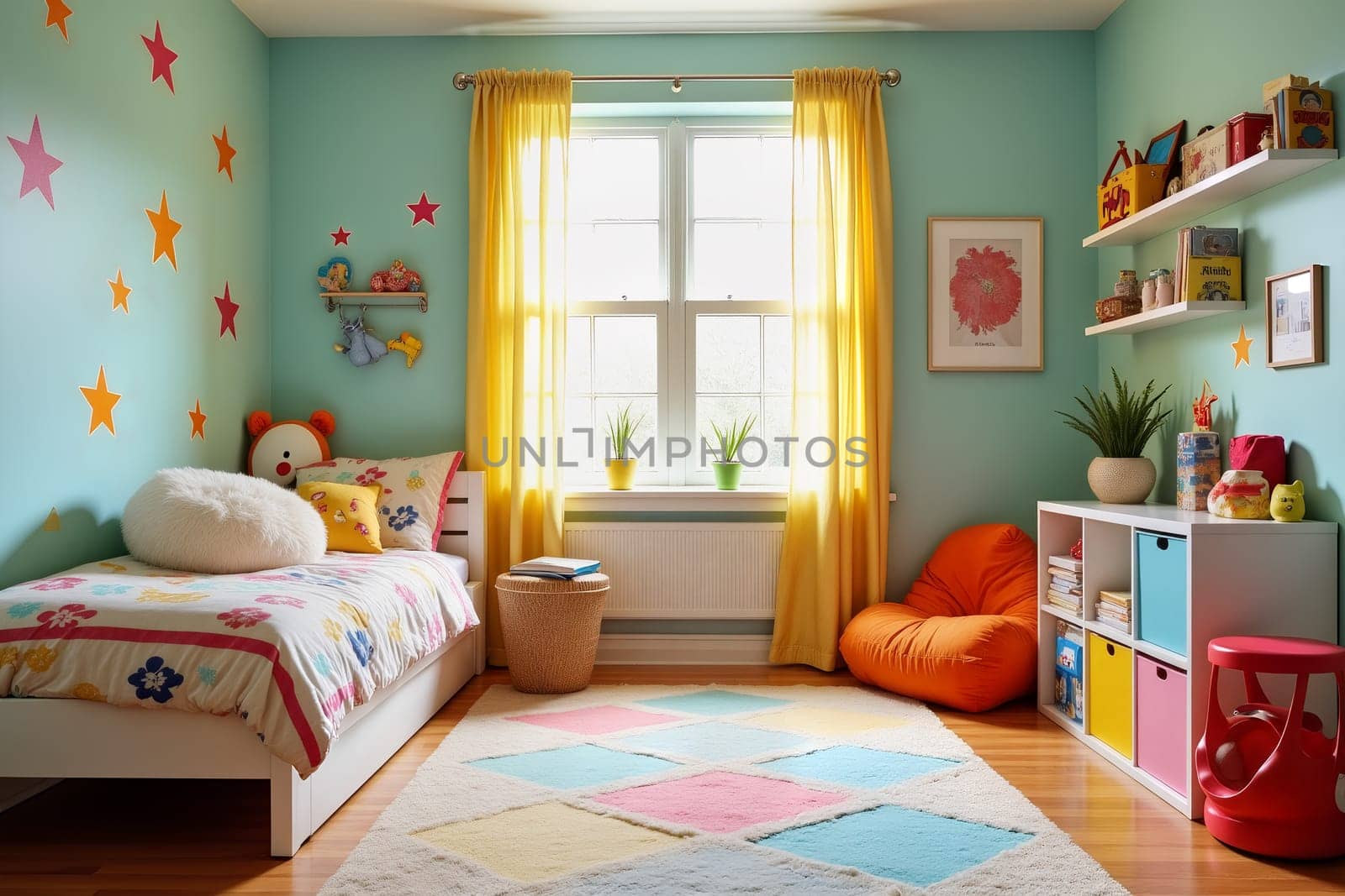 A vibrant children's bedroom features a bed with colorful bedding, playful wall decorations, and ample natural light coming through large windows - Generative AI