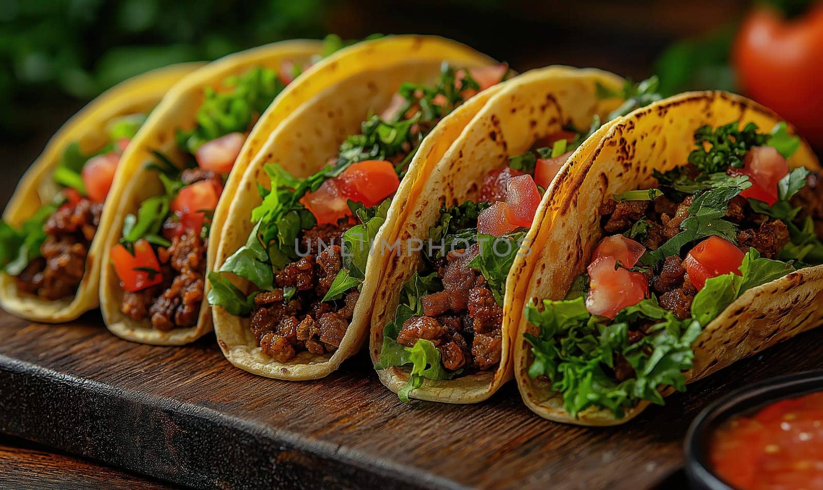 Juicy tacos with fresh filling on a wooden board. Selective focus.