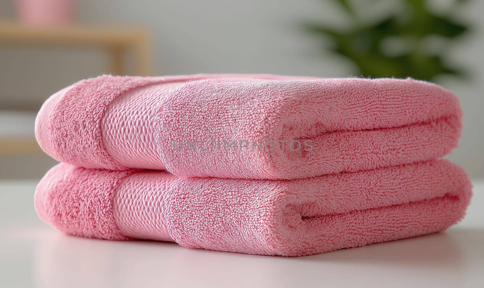 Stack of pink soft towels lying folded on light background. Selective focus.