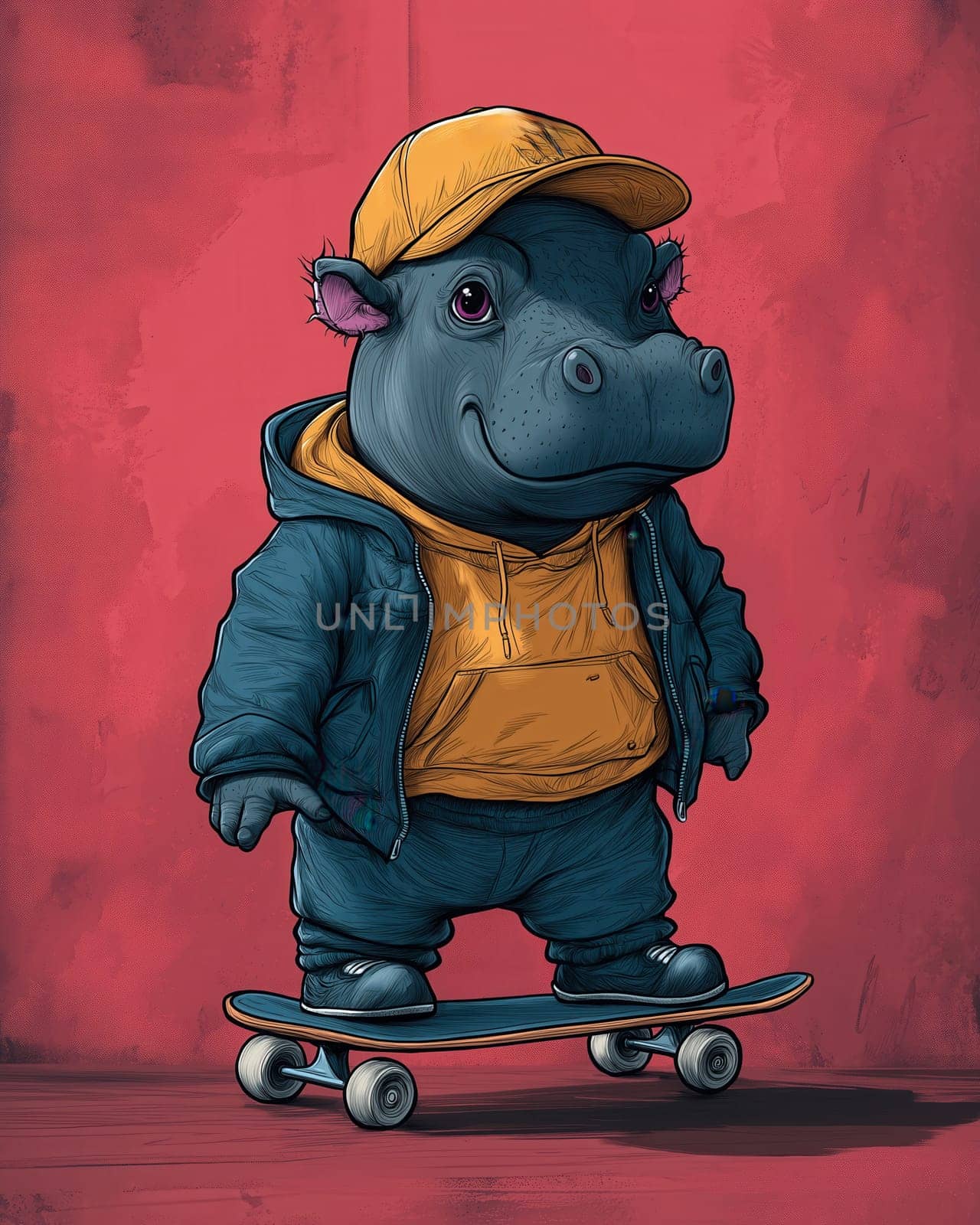 Cartoon hippo in baseball cap riding skateboard Selective focus.