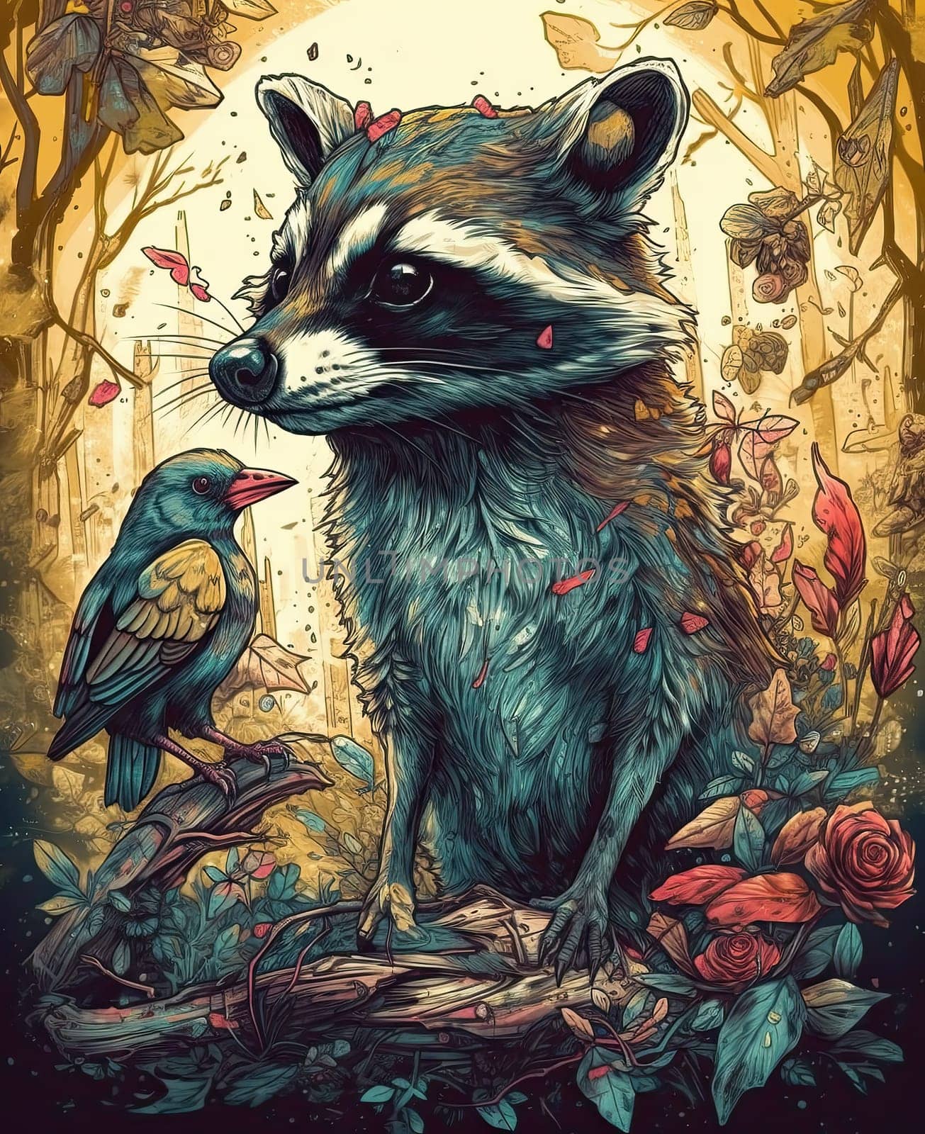 Illustration with raccoon on color background. Selective focus.