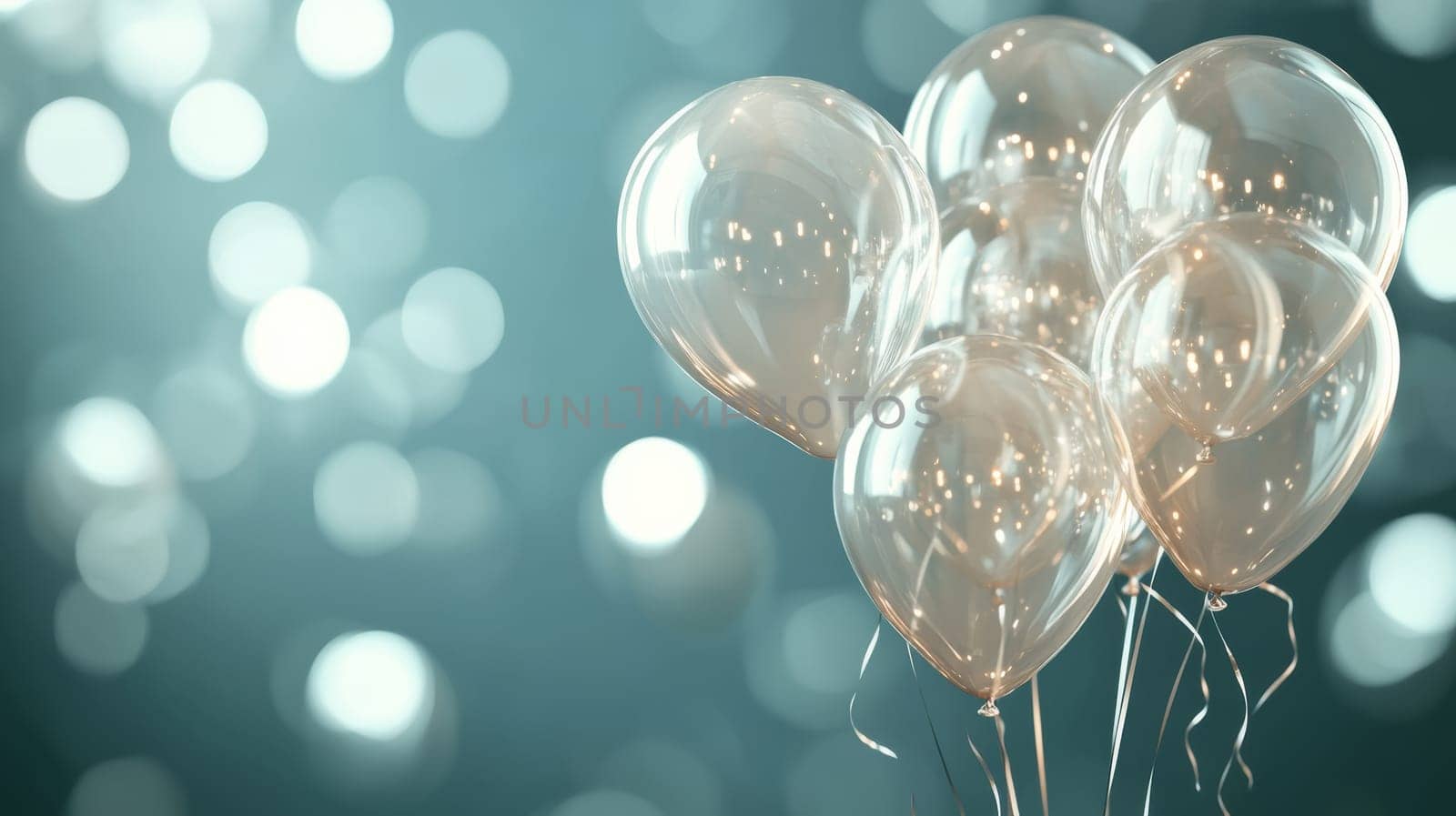 Cluster of clear balloons with bokeh effect, celebratory theme. Festive decoration and joyful concept.