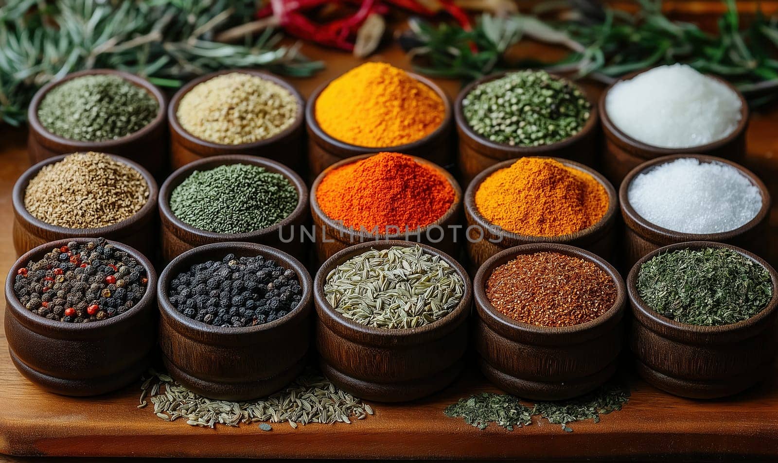 Fresh spices and herbs for food on table. Selective focus.