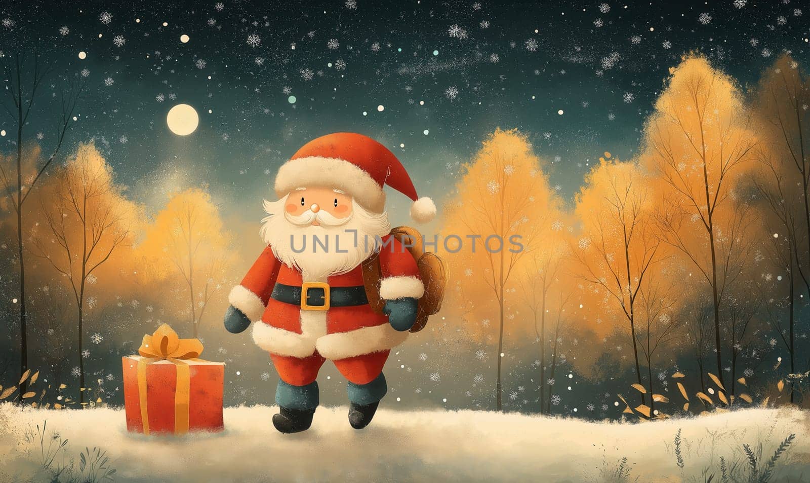 Illustration of Santa Claus on winter background. Selective focus.