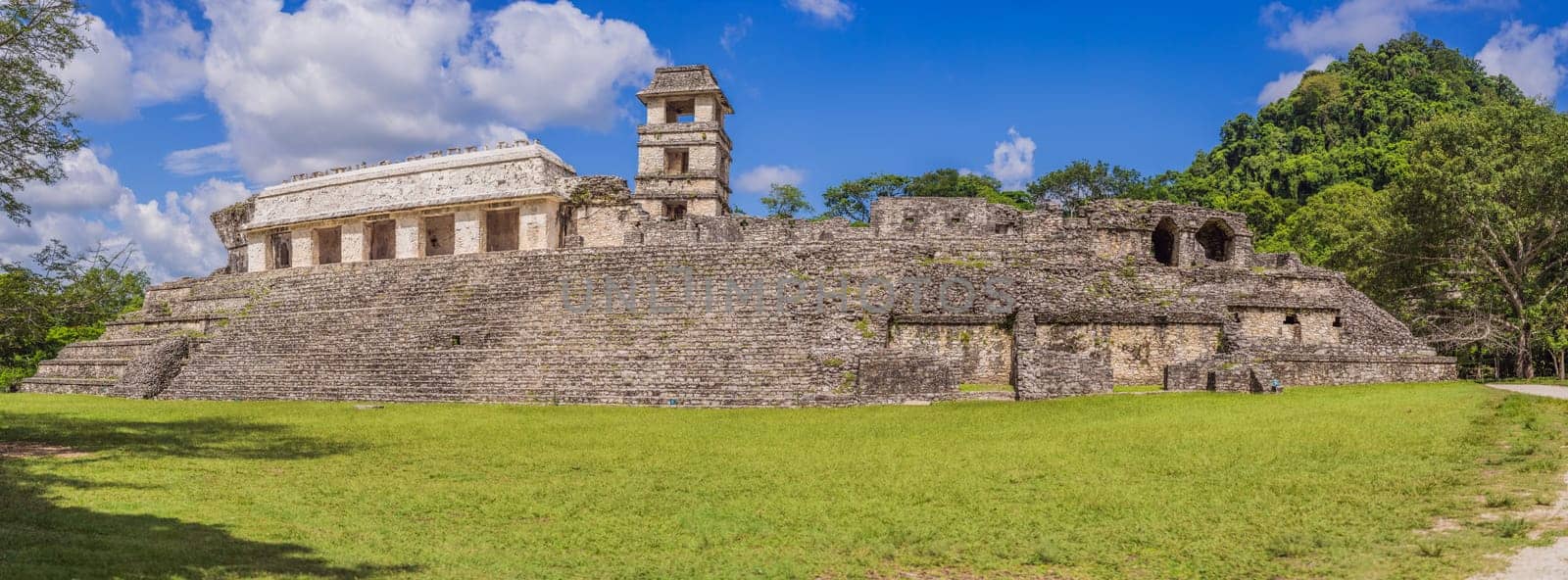 The ancient pyramids of Palenque in Mexico, surrounded by lush jungle. Iconic archaeological site showcasing Mayan culture and history. Travel, history, and adventure concept.