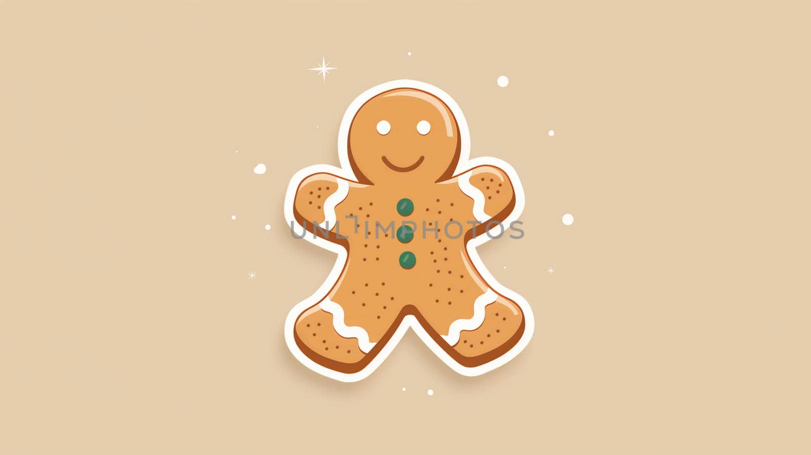 A playful gingerbread man stands out with his smiling face and colorful icing decorations. His cheerful expression brings a sense of warmth and joy, perfect for festive occasions. The simple background enhances his delightful features.
