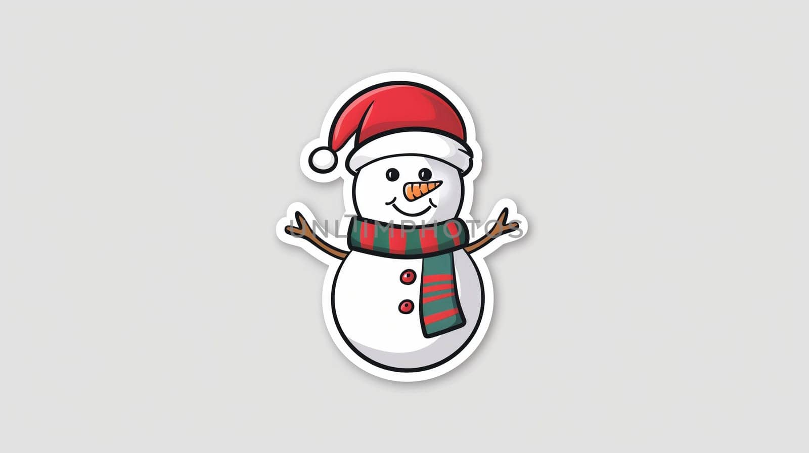 A snowman, adorned with a bright red Santa hat and a striped scarf, stands smiling with outstretched arms. Its button eyes and carrot nose add a friendly charm, evoking the joy of winter and festive celebrations.