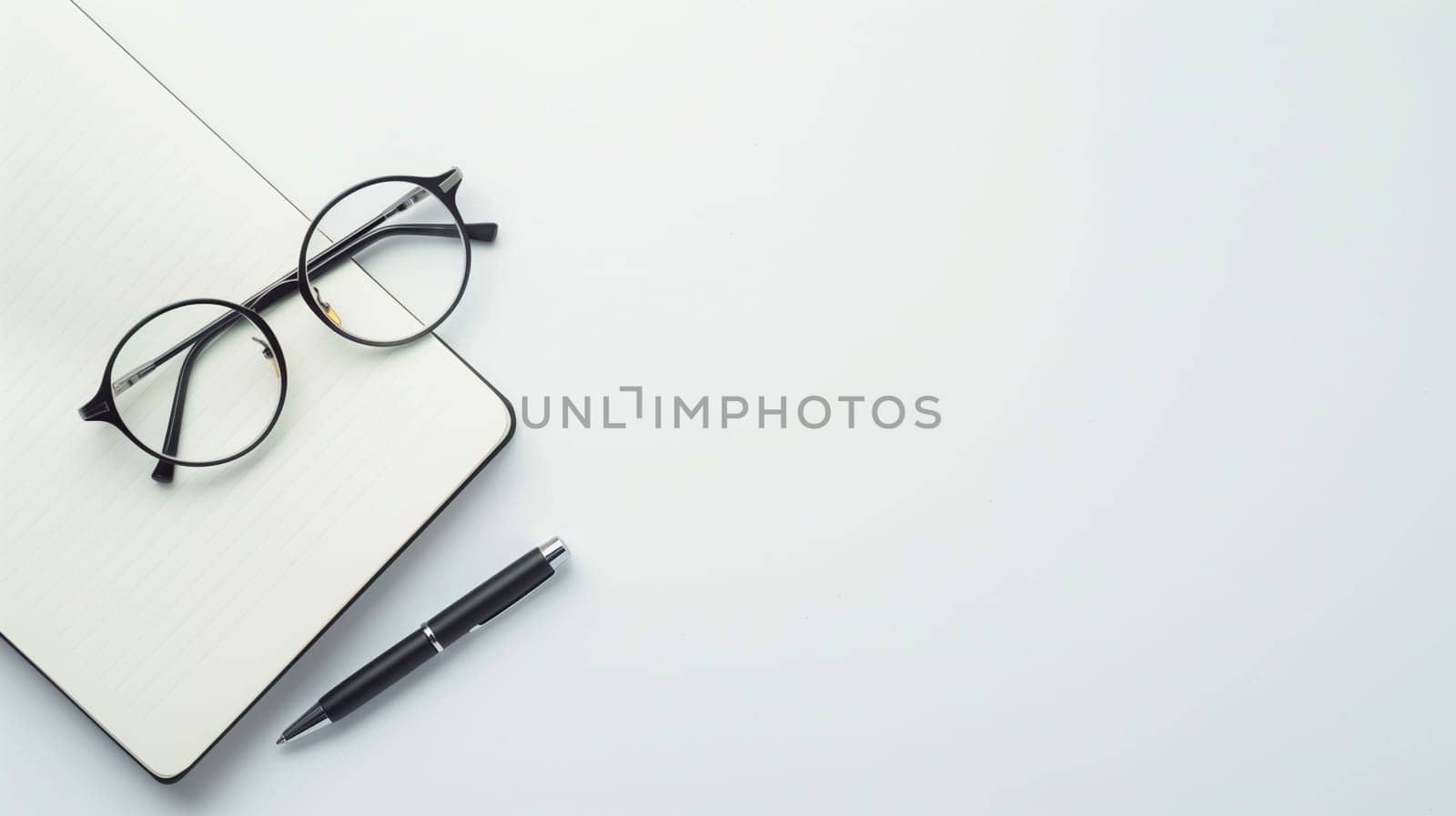 A minimalist workspace features a blank notebook and a sleek pen next to a pair of glasses, inviting creativity and reflection. The arrangement highlights simplicity and focus, perfect for writing or sketching ideas. Natural light enhances the serene atmosphere, fostering a productive environment.