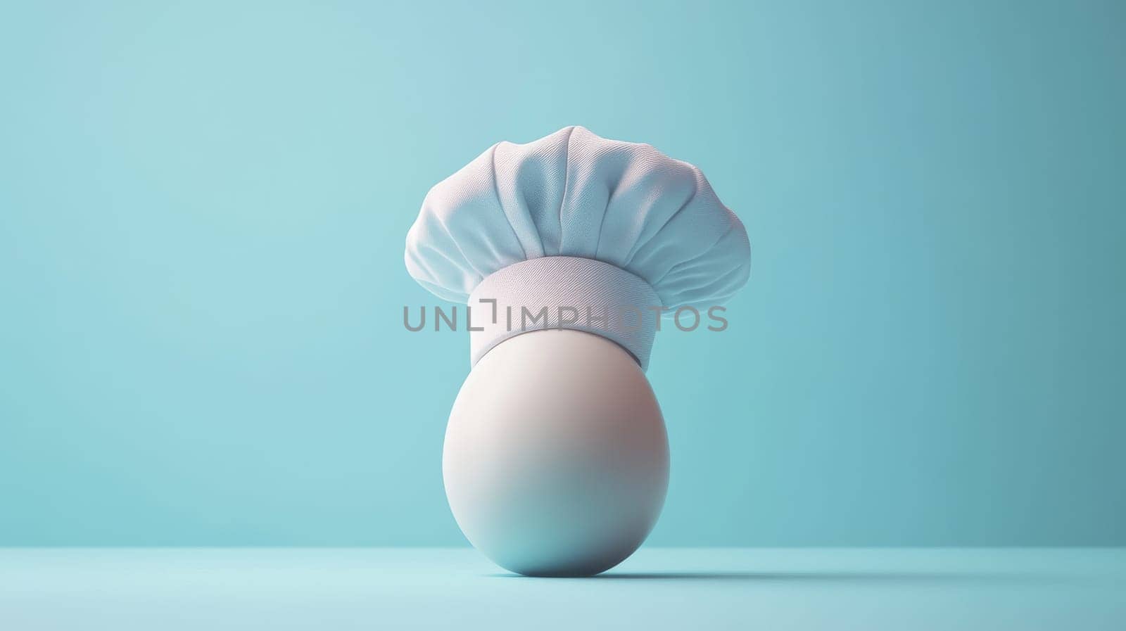 Egg wearing a chef's hat on blue background, culinary creativity concept.