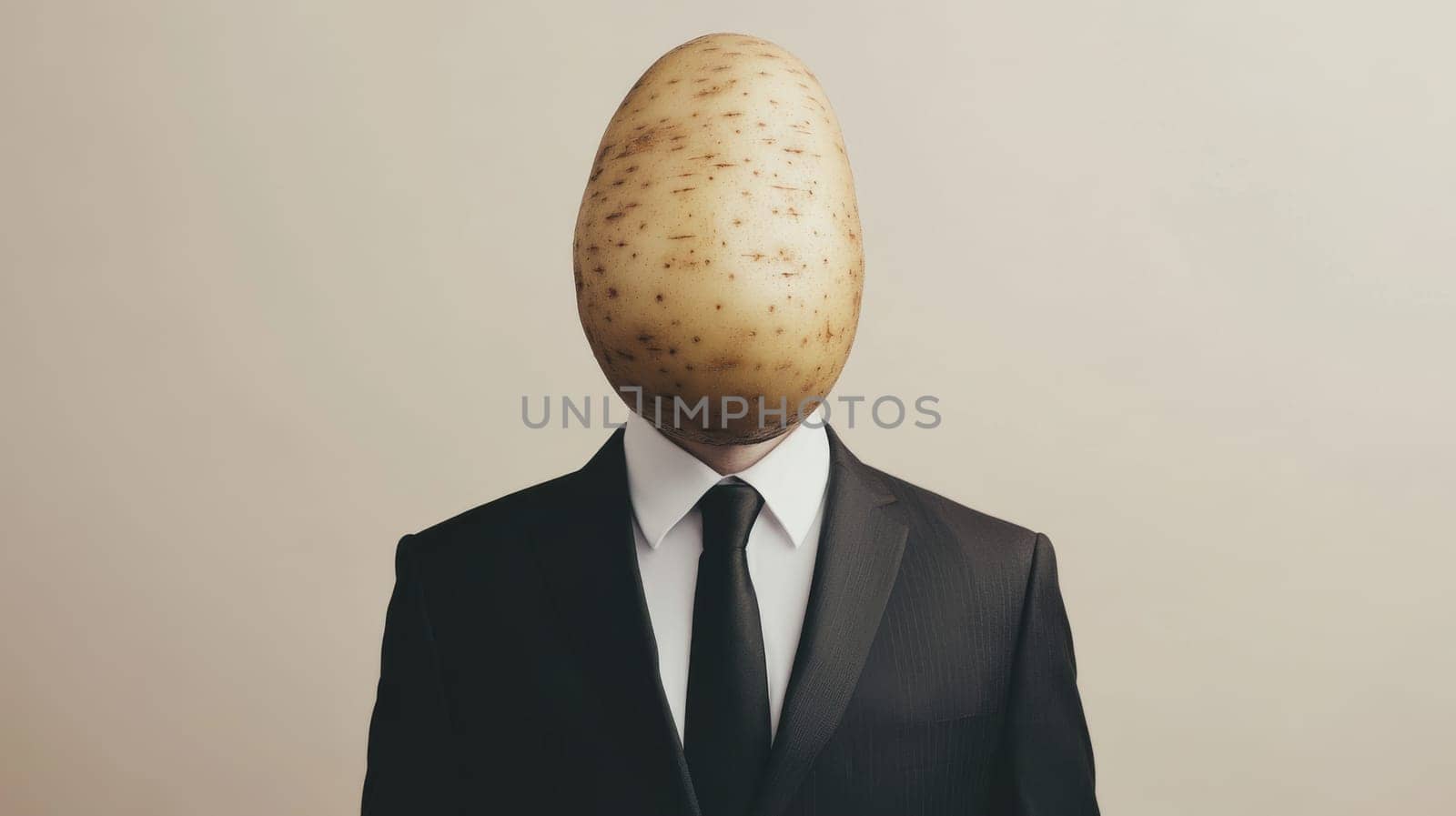 Person with a potato head wearing a suit, humorous surrealism. Conceptual art and creativity concept.