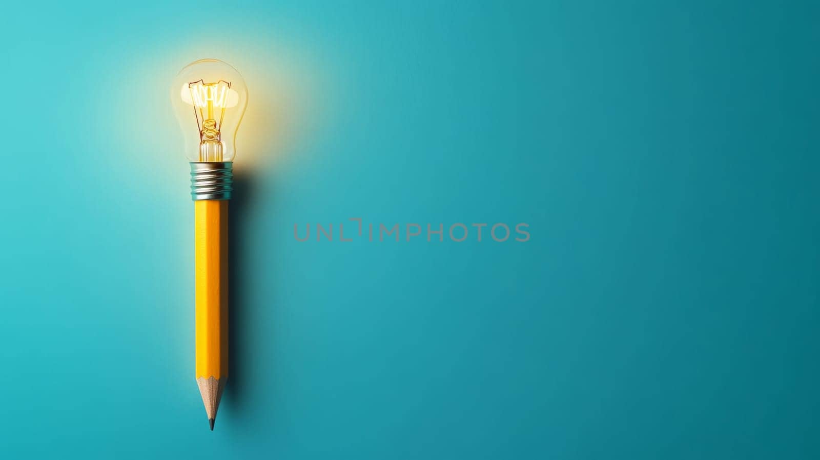 Pencil with light bulb on turquoise background, creative inspiration concept.