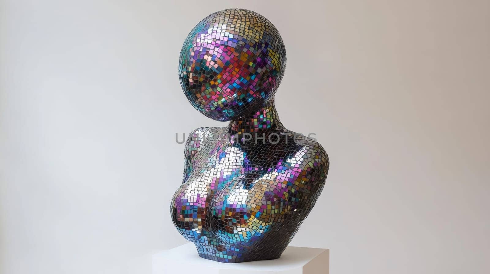 Mosaic sculpture of a humanoid figure with vivid colors, abstract art on white background.
