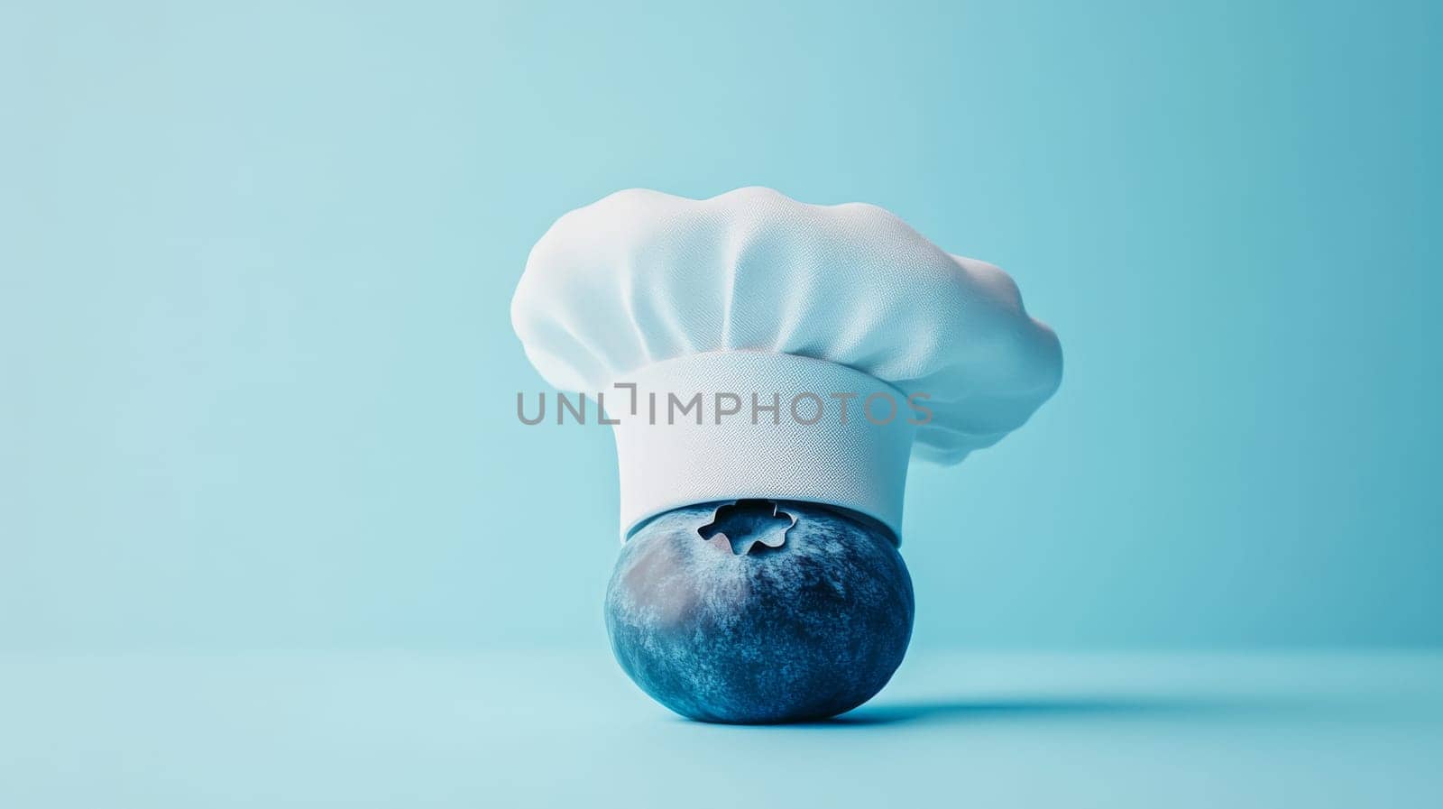 Blueberry wearing a chefs hat on blue background, creative food concept.