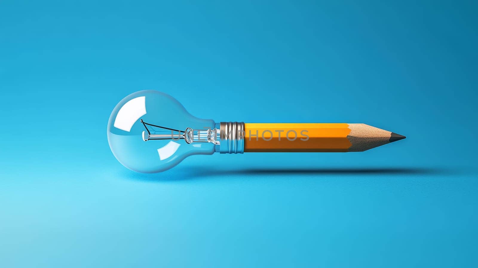 Creative concept of a pencil merged with a light bulb on blue background.