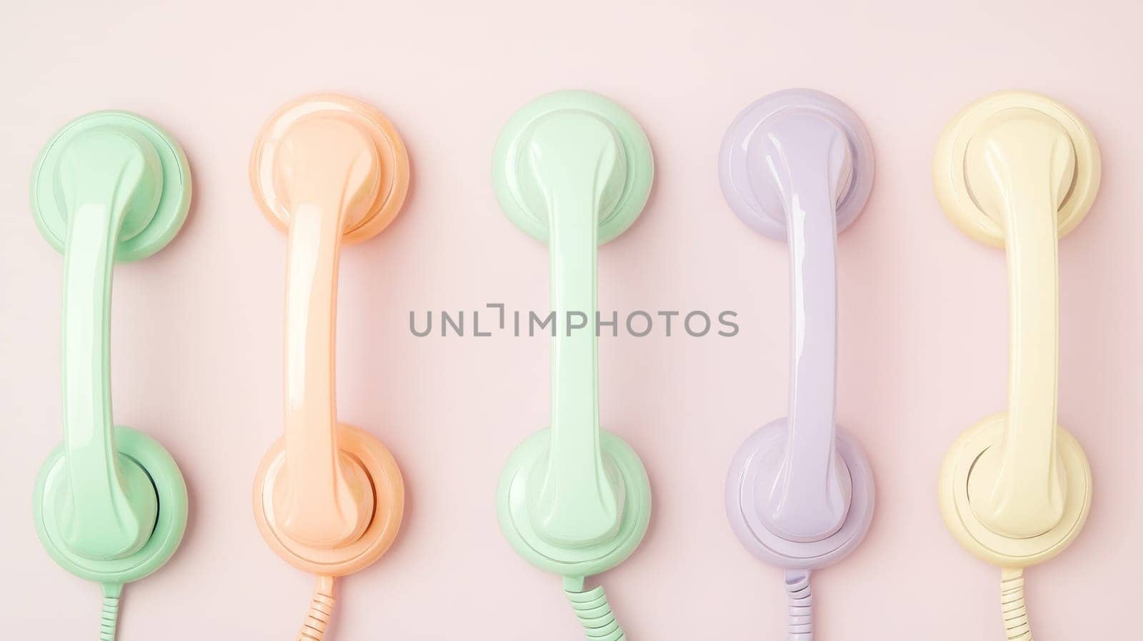 Retro telephones in pastel colors on light background.