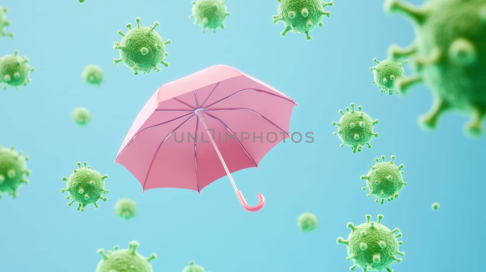 Pink umbrella surrounded by floating virus cells, protection and health concept.