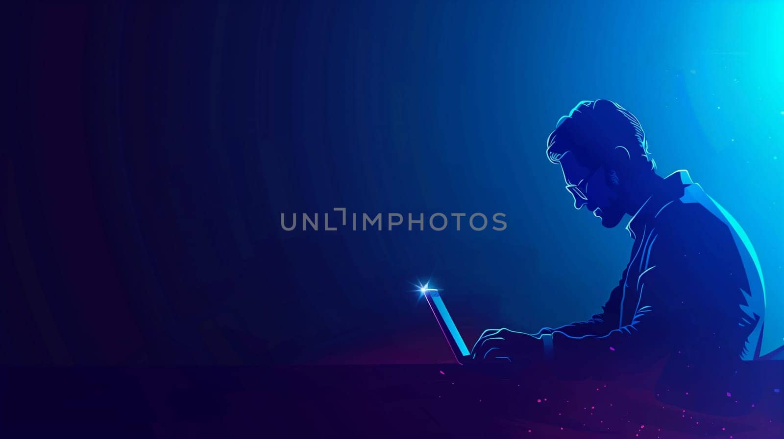 A young man focuses intently on his laptop late at night, surrounded by darkness with only the glow of the screen illuminating his thoughtful expression. The atmosphere is calm yet charged with creativity as he dives into his tasks.