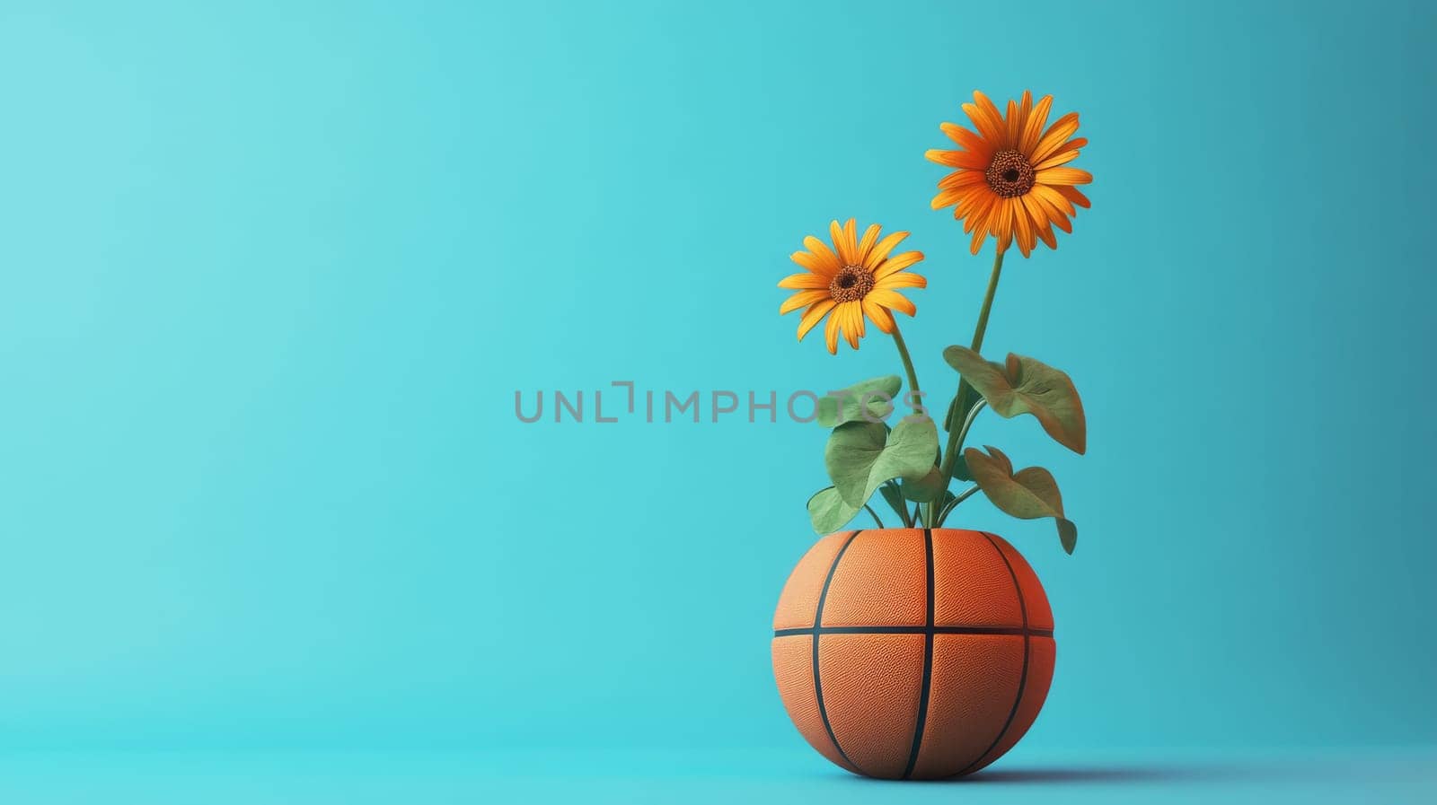 Basketball planter with daisies flowers against blue background, creative concept.