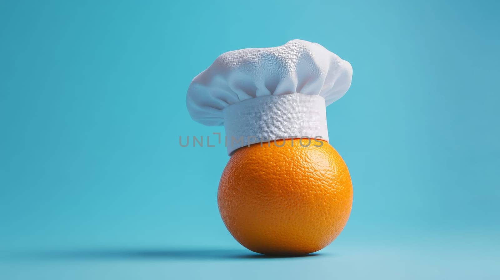Orange wearing chef's hat on blue background.