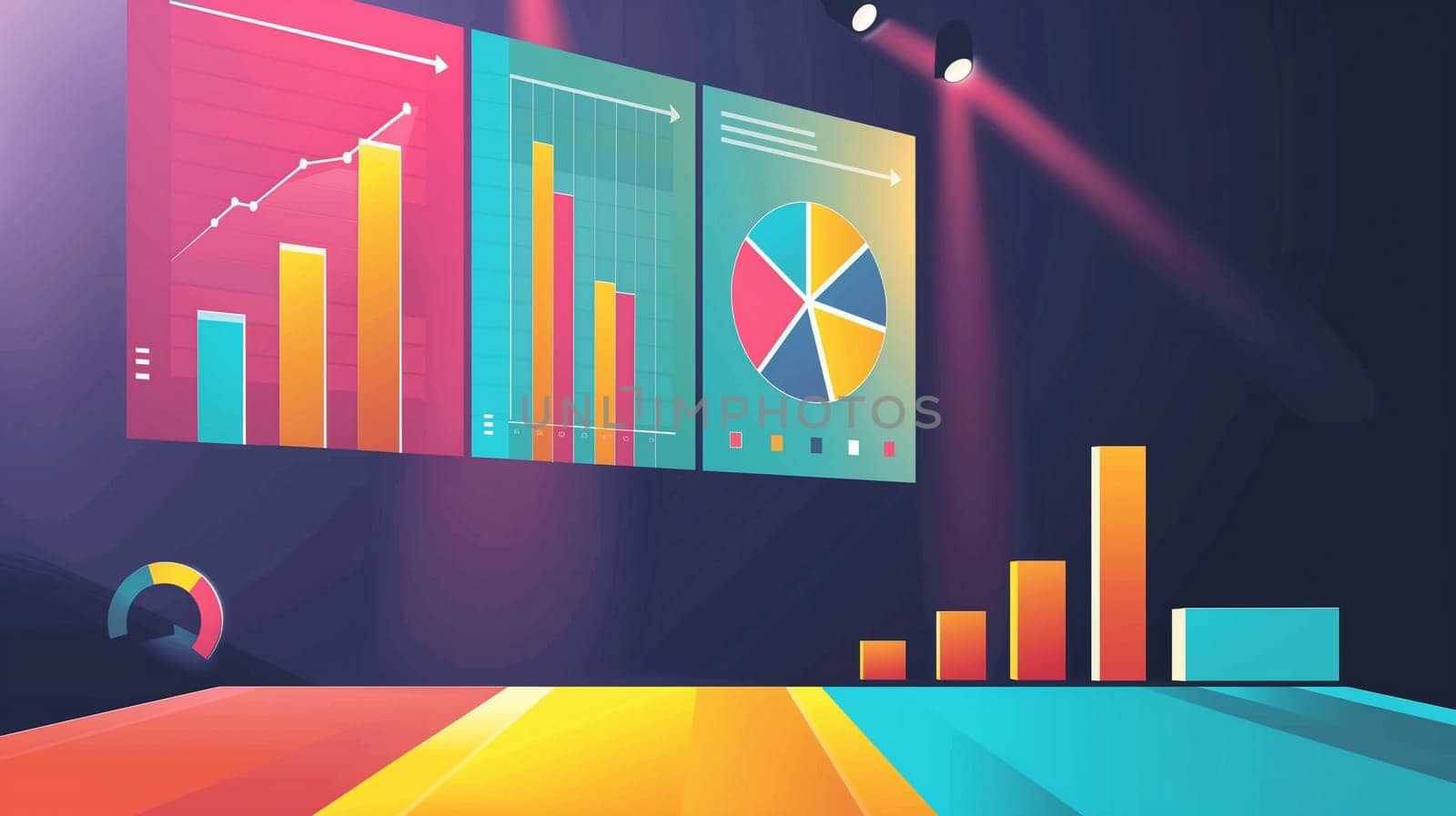 Brightly lit meeting area features colorful charts and graphs on display, illustrating data trends and insights.