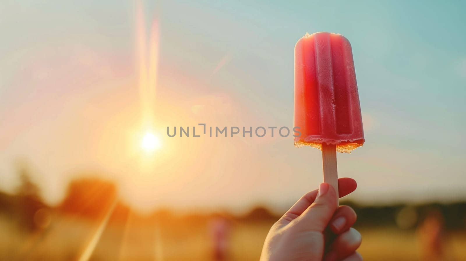 A person holds a vibrant, red popsicle high against the backdrop of a glowing sunset. The warm glow fills the sky, illuminating the park filled with people engaged in various activities. The atmosphere radiates joy and relaxation as summer unfolds.