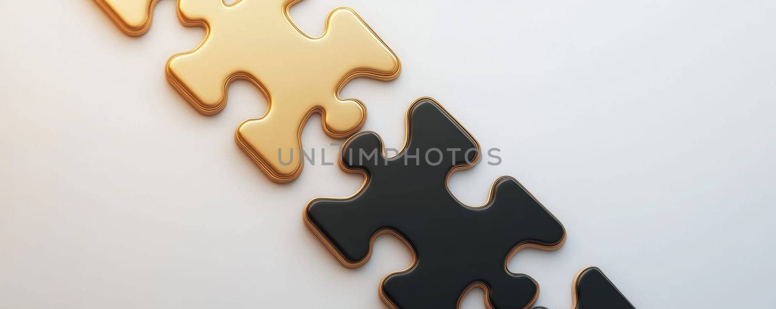 puzzle pieces in gold and black on a white surface.