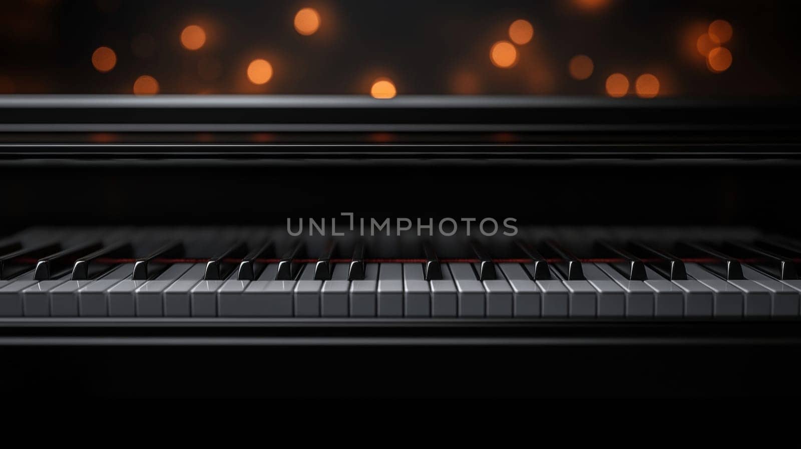 Close-up of piano keys with bokeh lights. Musical instrument and ambiance concept.