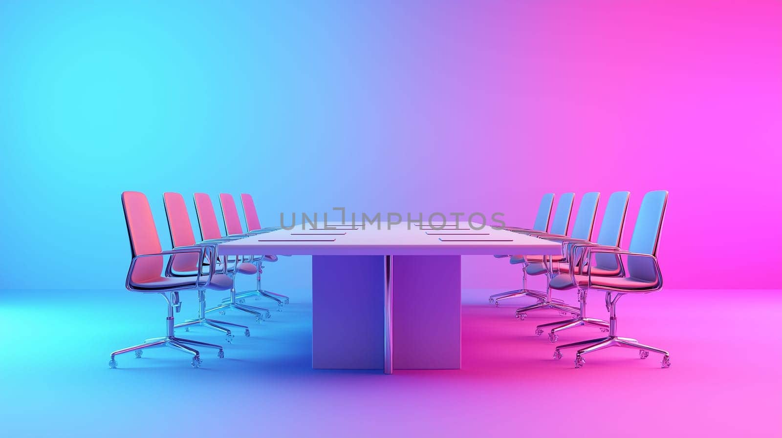 A sleek conference room features a long table surrounded by stylish chairs, illuminated with eye-catching pink and blue lights creating an inviting atmosphere for meetings.