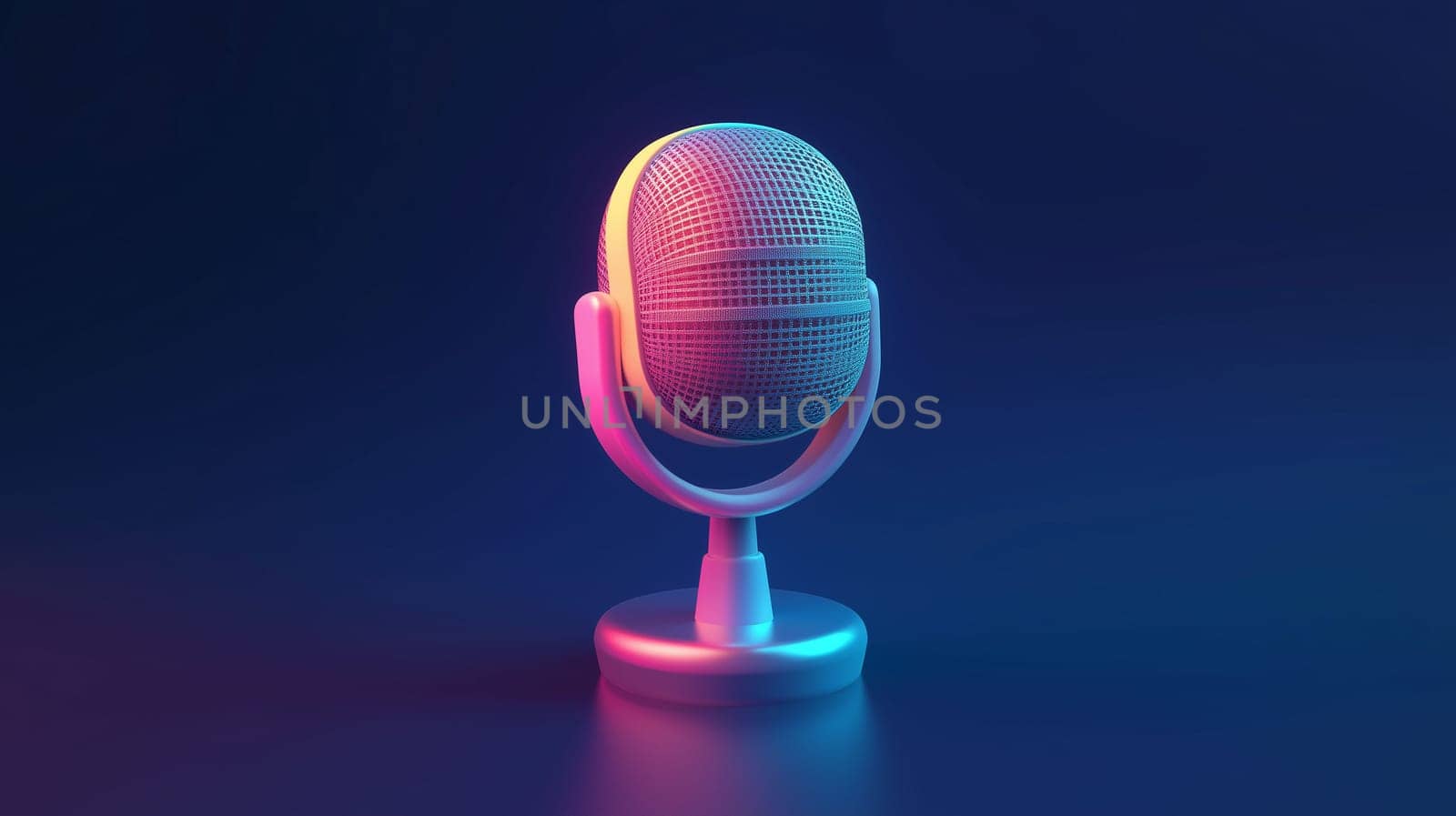 The microphone is positioned on a sleek base, displaying vibrant hues of pink and blue while casting a modern aesthetic. This setup creates an inviting atmosphere for audio recording.