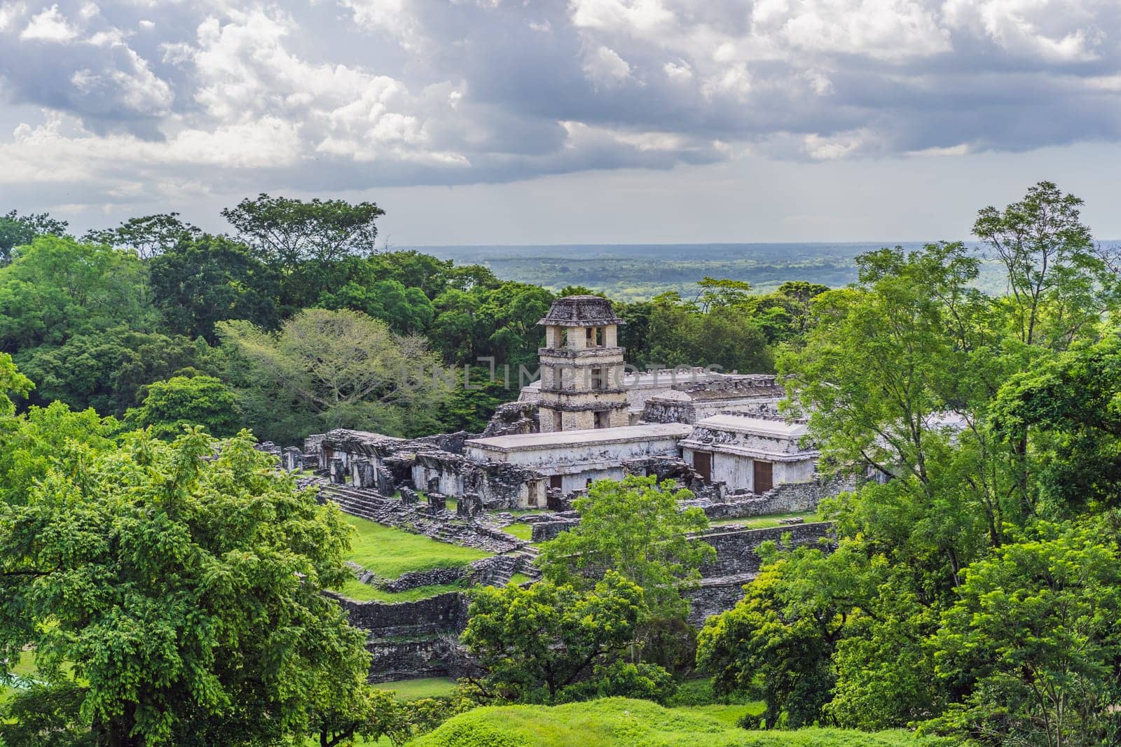 The ancient pyramids of Palenque in Mexico, surrounded by lush jungle. Iconic archaeological site showcasing Mayan culture and history. Travel, history, and adventure concept.