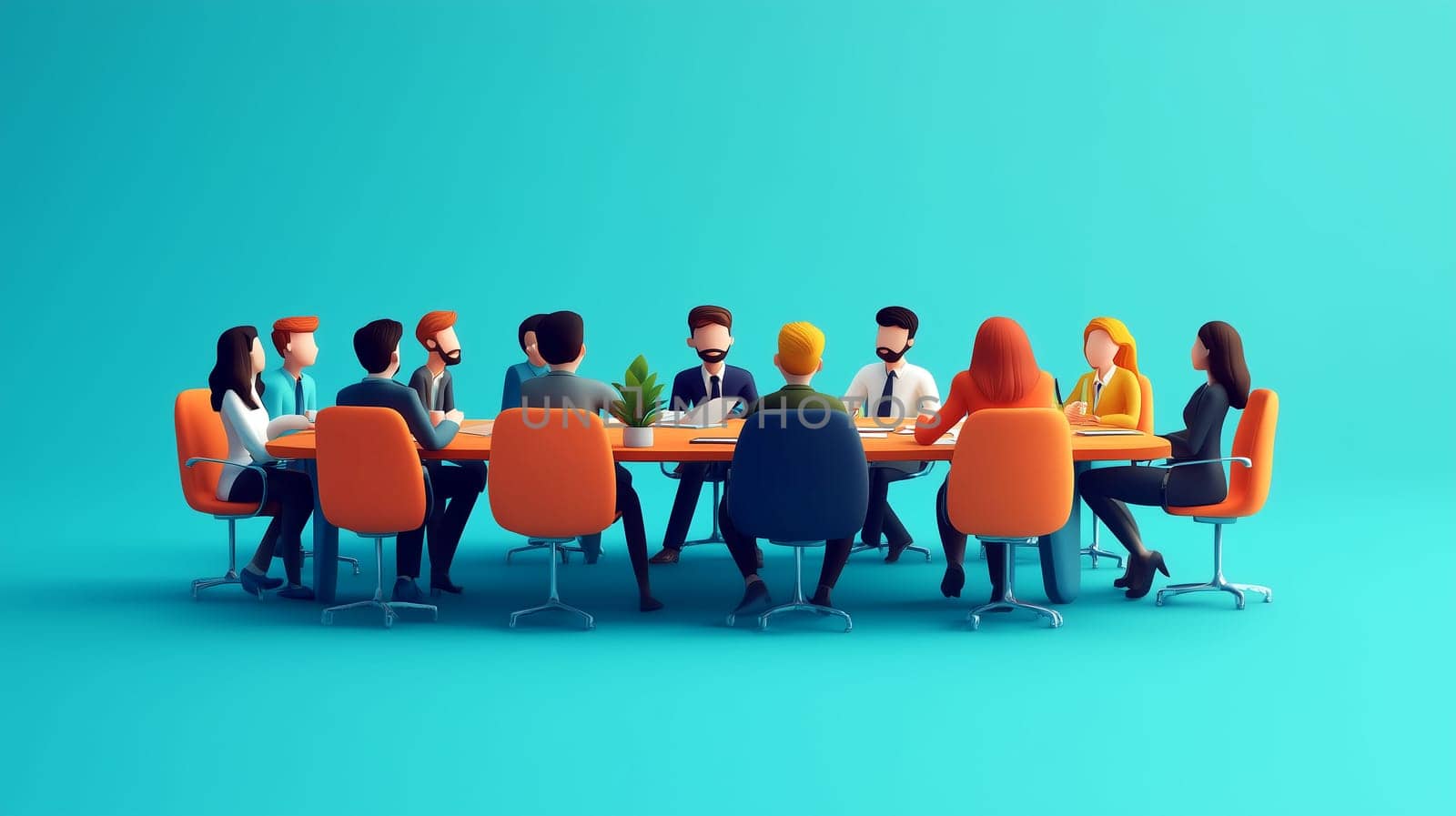 A mix of individuals sits around a circular table, actively discussing strategies. The setting features a vibrant blue background, emphasizing teamwork and collaboration among diverse professionals.