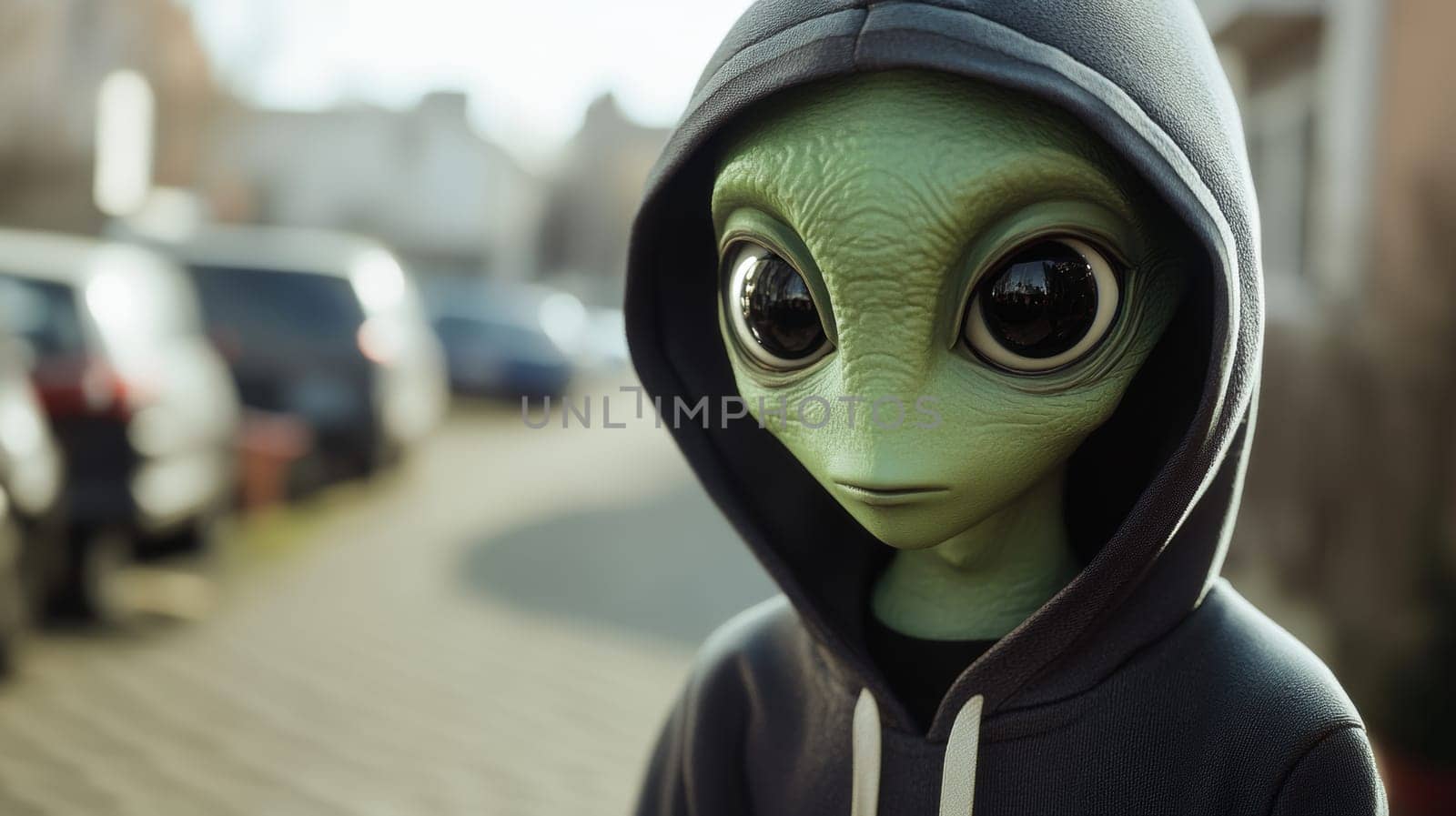Alien wearing a hoodie on a suburban street, unique portrait. Sci-fi and mysterious concept.