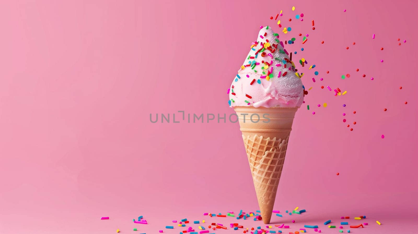 A delightful ice cream cone topped with pink and white swirls of creamy goodness is adorned with colorful sprinkles. As sprinkles cascade around the cone, the vibrant pink backdrop enhances the cheerful vibe, creating a fun and inviting atmosphere perfect for summer treats.
