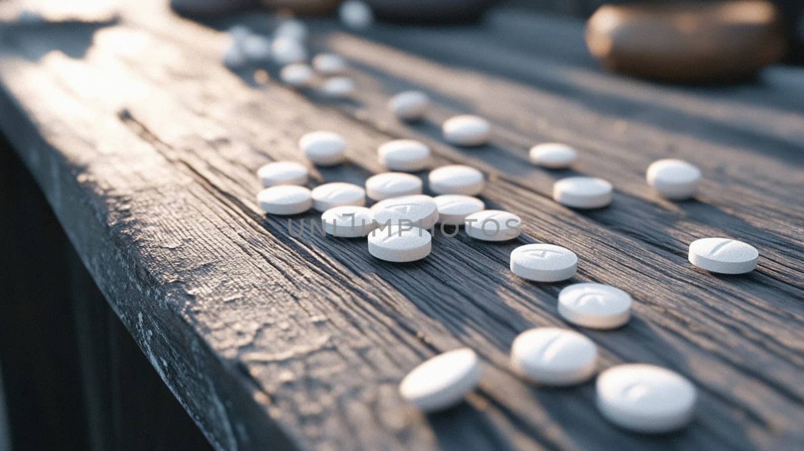 Round white pills are scattered on a weathered wooden surface, illuminated by warm sunlight. This image evokes themes of medicine, healthcare, and addiction