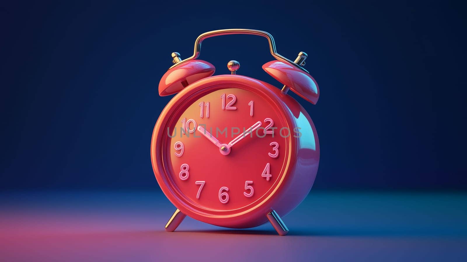 The bright pink alarm clock stands prominently with its classic bells, showcasing vivid numbers against a smooth blue backdrop during the evening hours.