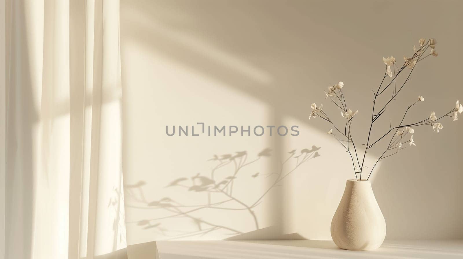 A delicate floral arrangement sits gracefully in a simple vase on a light-colored surface. Natural light streams in from a nearby window, casting gentle shadows of the branches onto the wall and adding a tranquil vibe to the room.