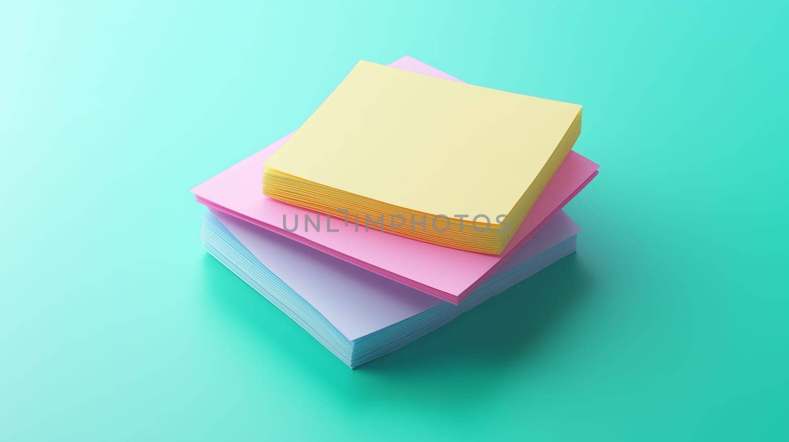 Brightly colored sticky notes in yellow, pink, and blue are neatly stacked on a vibrant turquoise background, ideal for organizing thoughts and reminders in a creative workspace.