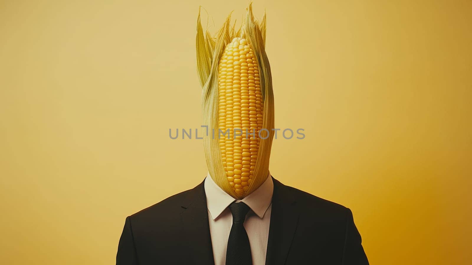 Surreal portrait of a person with corn cob head in suit, humorous concept.