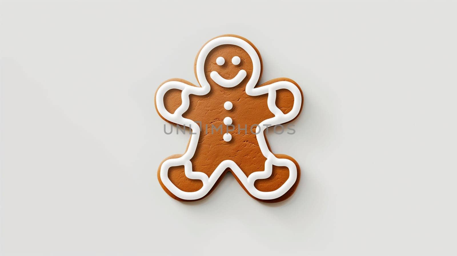 A charming gingerbread man cookie is beautifully decorated with white icing details, including a smiling face and buttons. The cookie sits against a soft light background, creating an inviting and festive atmosphere.