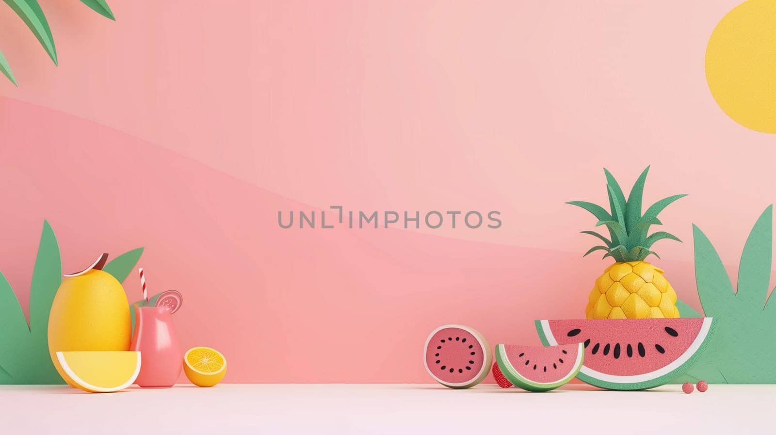 A colorful arrangement of various tropical fruits, including a pineapple, watermelon, and lemons, is displayed against a soft pink backdrop. The setup evokes a cheerful summer atmosphere with a warm yellow sun and green palm elements, creating a refreshing scene ideal for fruit-themed decor or seasonal gatherings.
