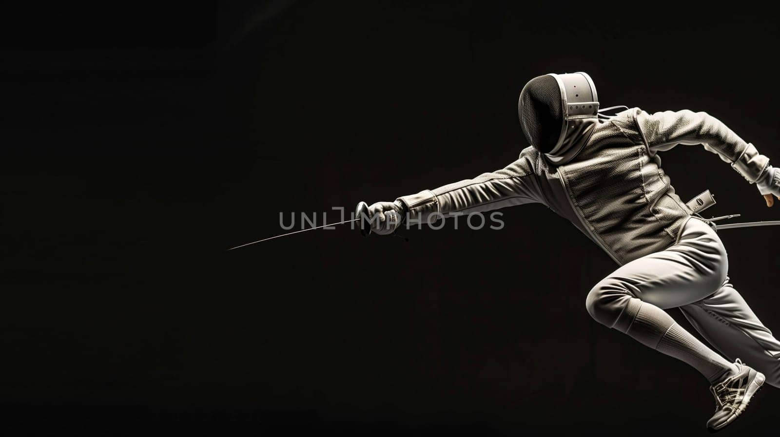 A fencer in action, smiling as they execute a powerful lunge, showcasing agility and focus. The dramatic lighting accentuates their movement and technique during an intense fencing match.