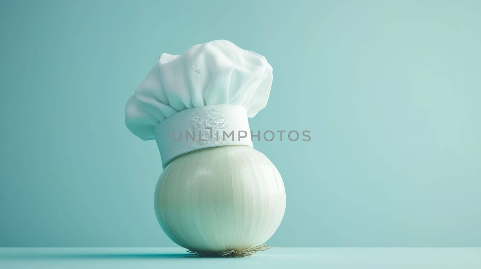 White onion with chef hat on teal background, creative culinary concept.