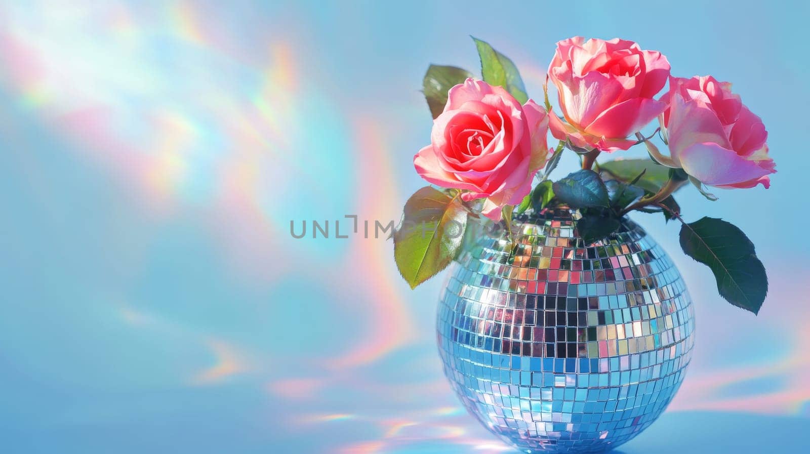 Pink roses in a disco ball vase with colorful reflections, artistic concept.