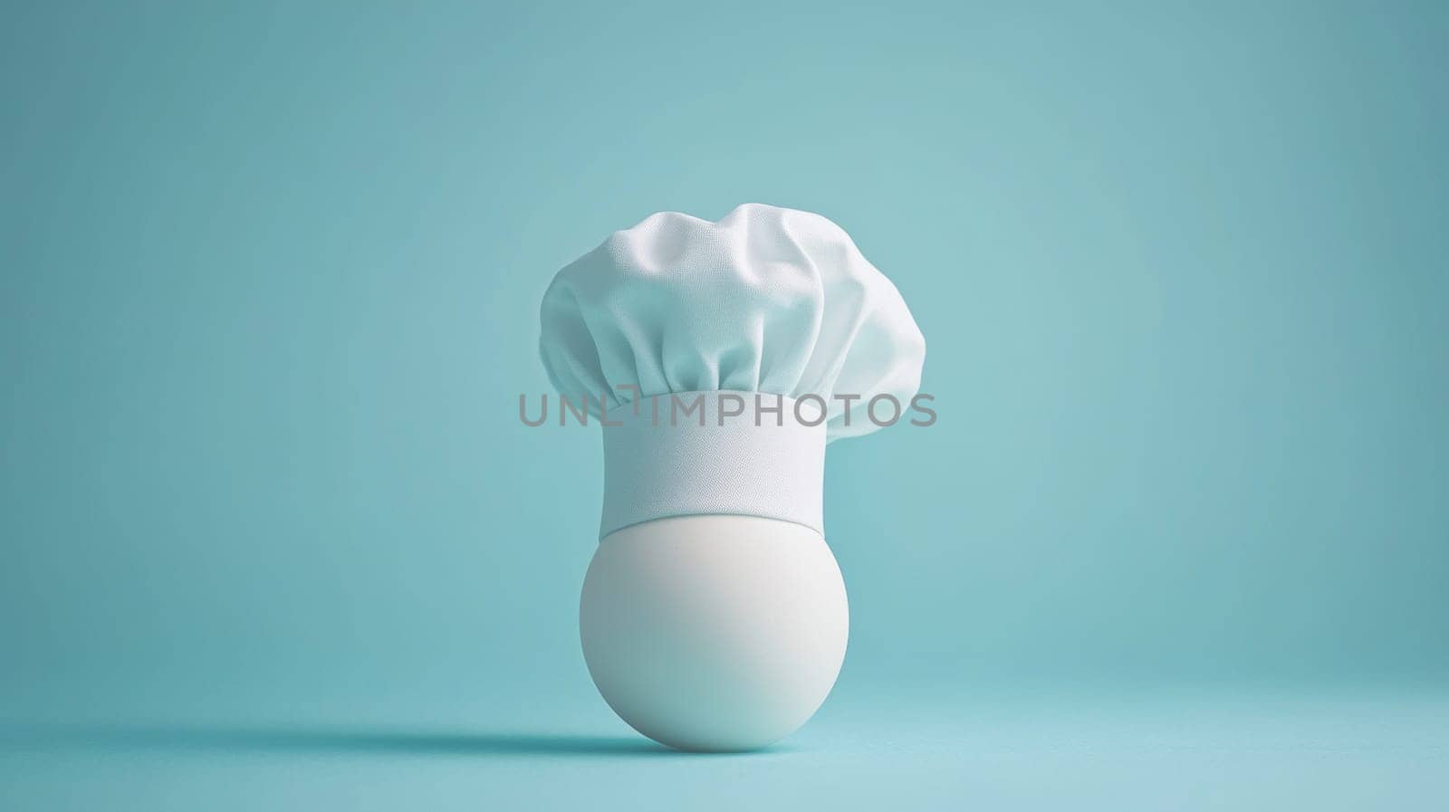 Egg with chef's hat on pastel blue background, creative culinary concept.
