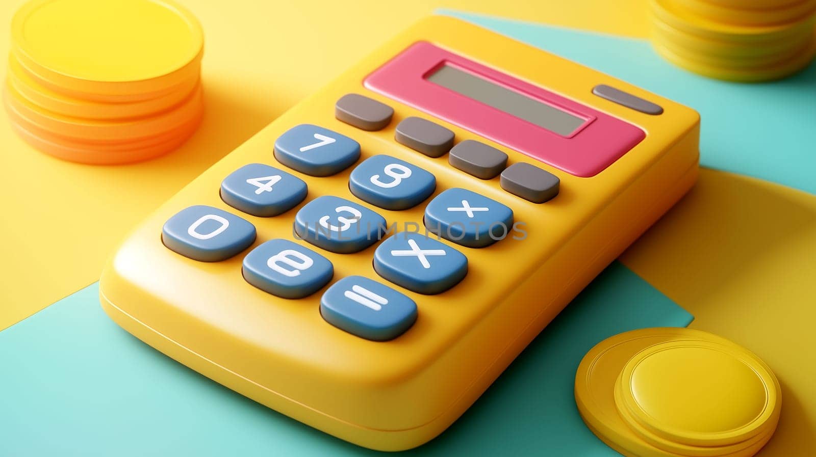 A bright yellow calculator is positioned on colorful papers, accompanied by coins and buttons. The vibrant setting suggests a playful and engaging atmosphere suitable for learning or fun activities.