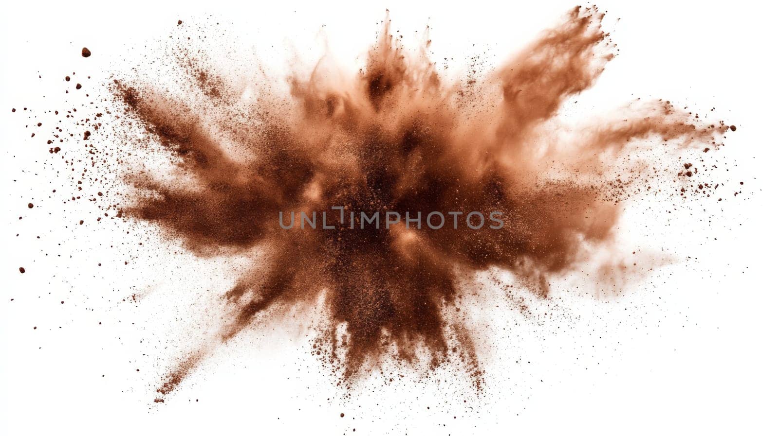 Brown powder explosion against white background, dynamic energy and motion concept.