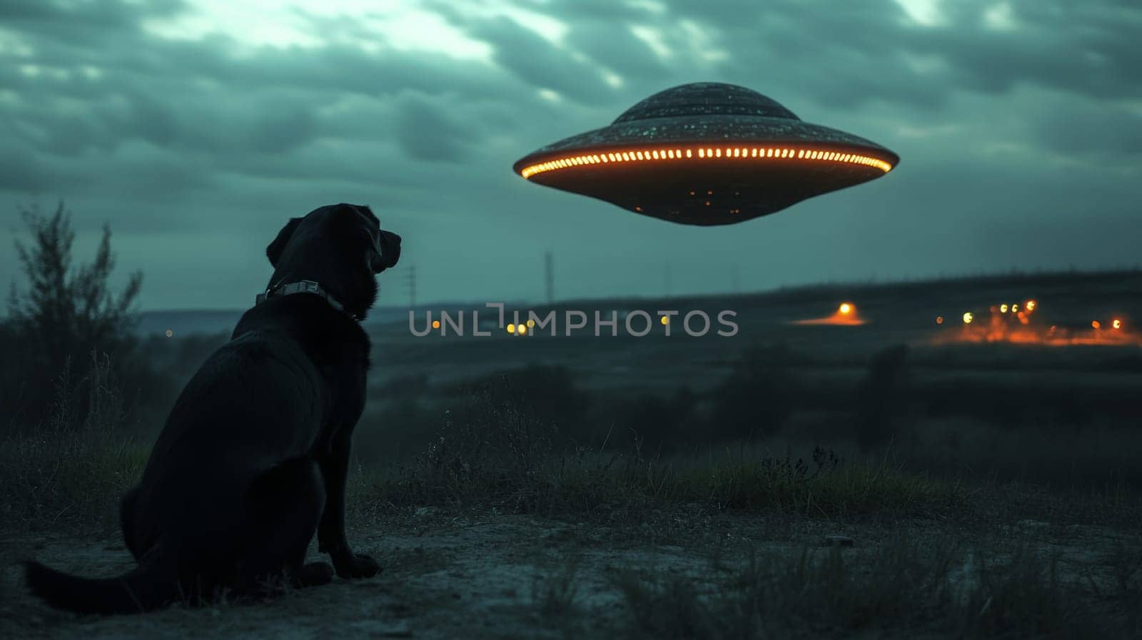 Dog gazing at ufo in dusk landscape, mysterious encounter concept.