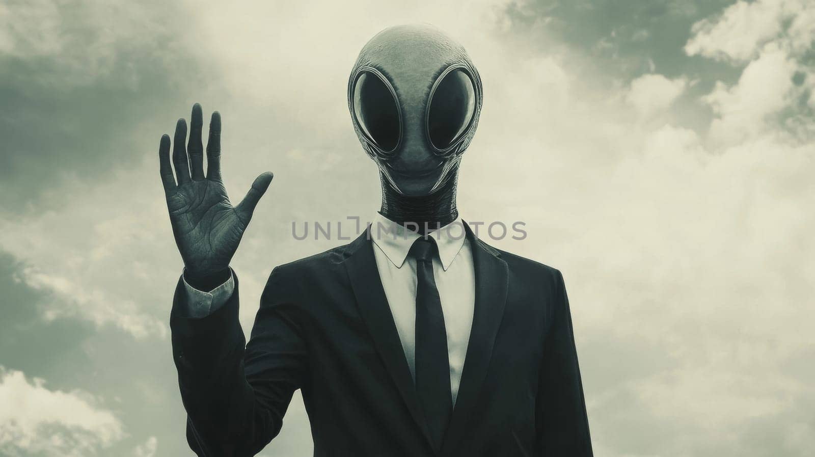 Alien waving in a suit under cloudy sky, science fiction concept.