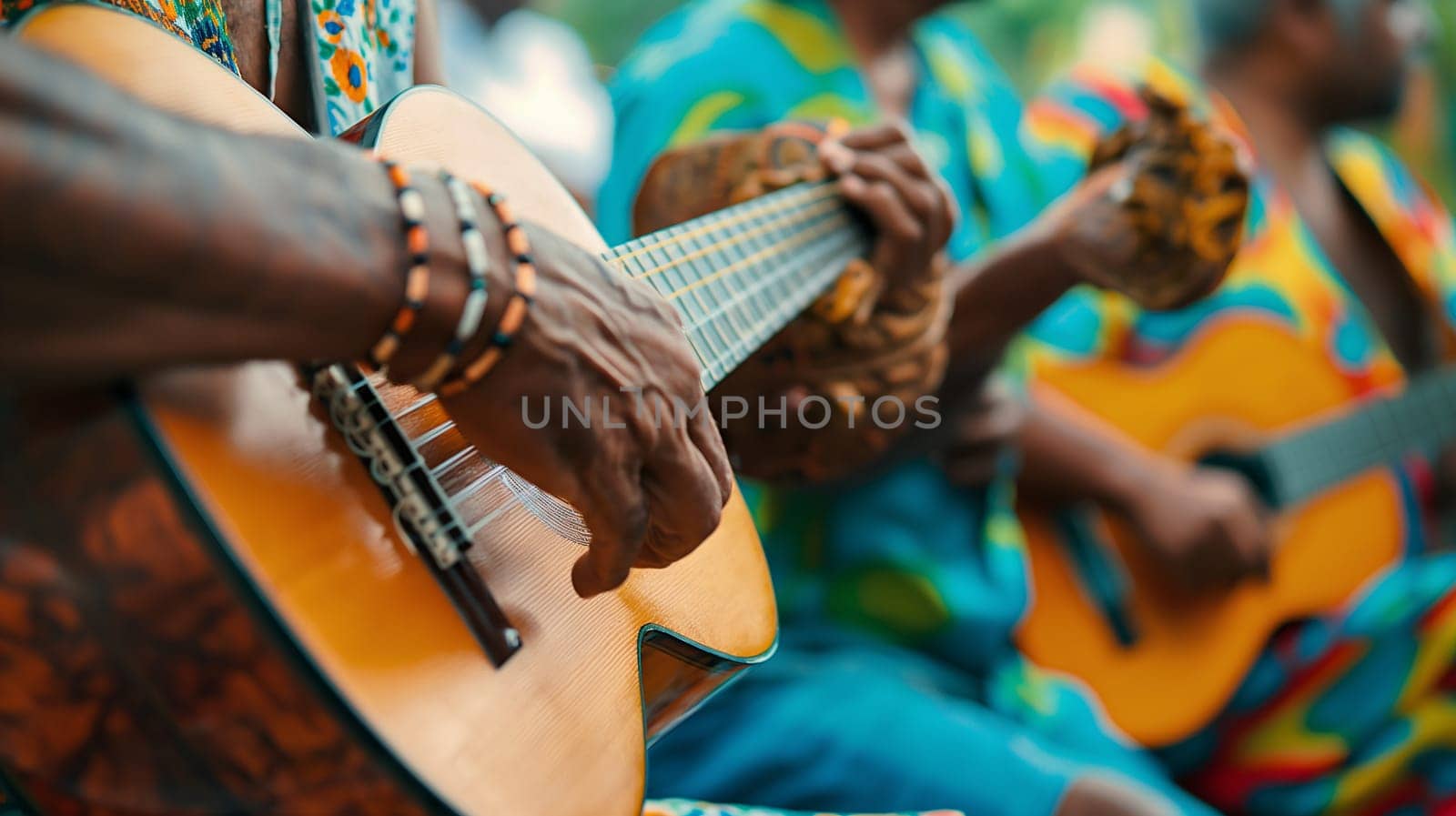 A group of musicians showcases their talent on guitars while dressed in vibrant outfits, entertaining an engaged audience outdoors - Generative AI